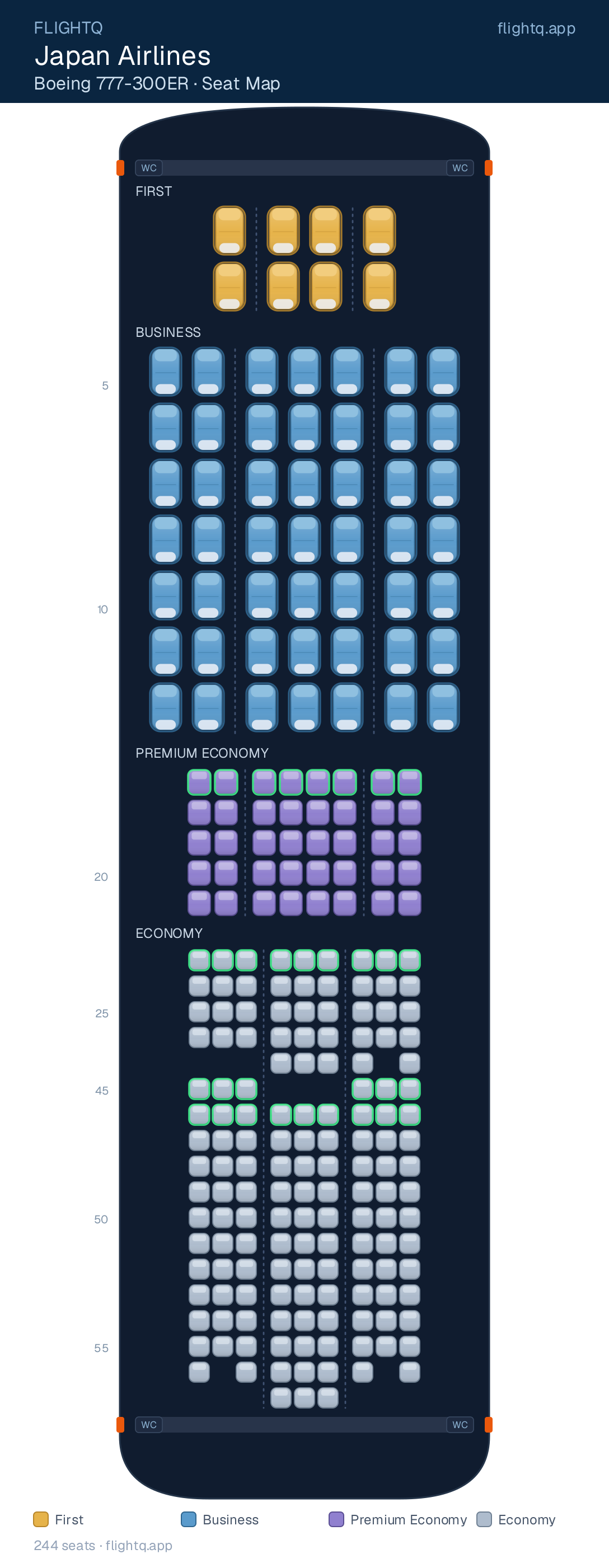 Japan Airlines Boeing 777-300ER seat map with 244 seats across 4 cabins — best seats and rows to avoid