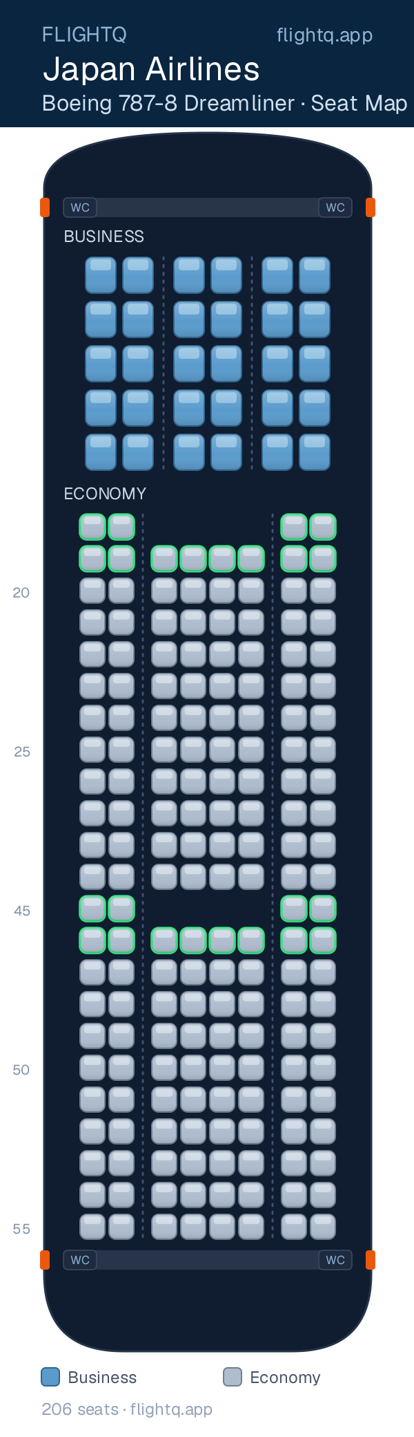 Japan Airlines Boeing 787-8 Dreamliner seat map with 206 seats across 2 cabins — best seats and rows to avoid