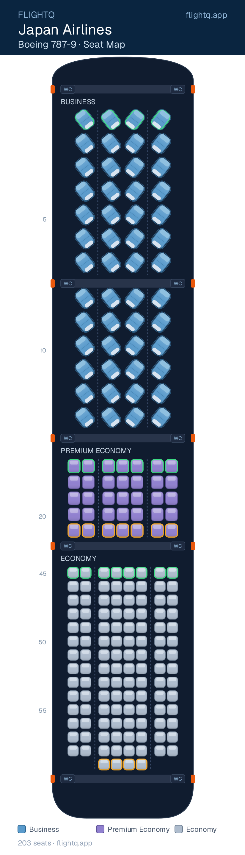 Japan Airlines Boeing 787-9 Dreamliner seat map with 203 seats across 3 cabins — best seats and rows to avoid