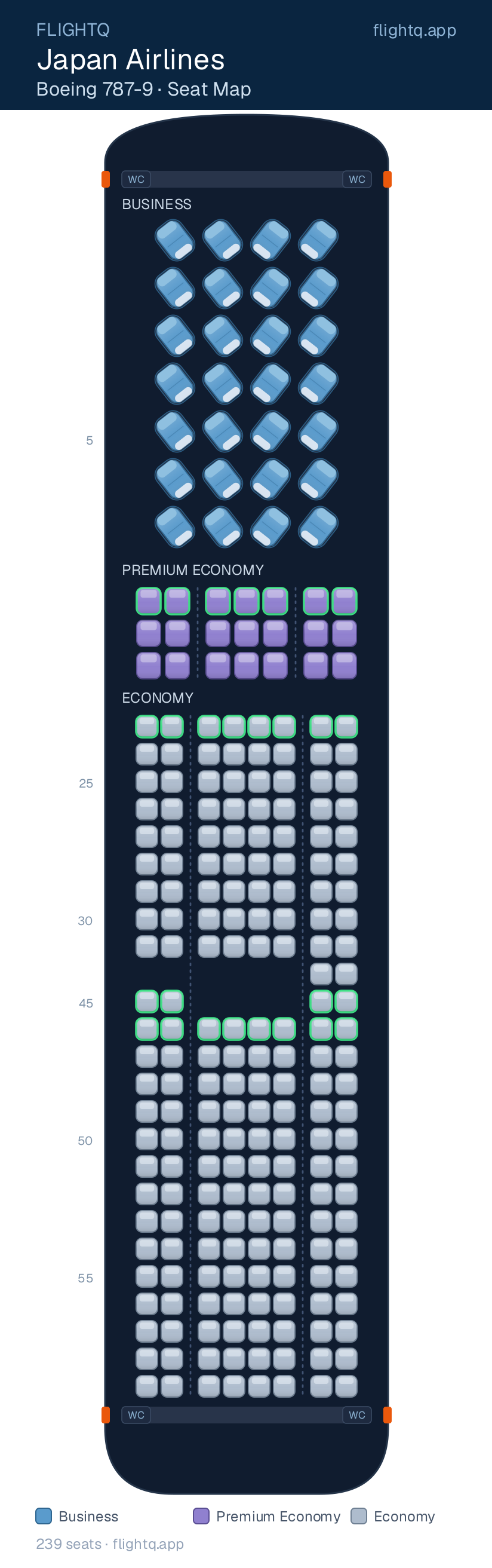 Japan Airlines Boeing 787-9 Dreamliner seat map with 239 seats across 3 cabins — best seats and rows to avoid