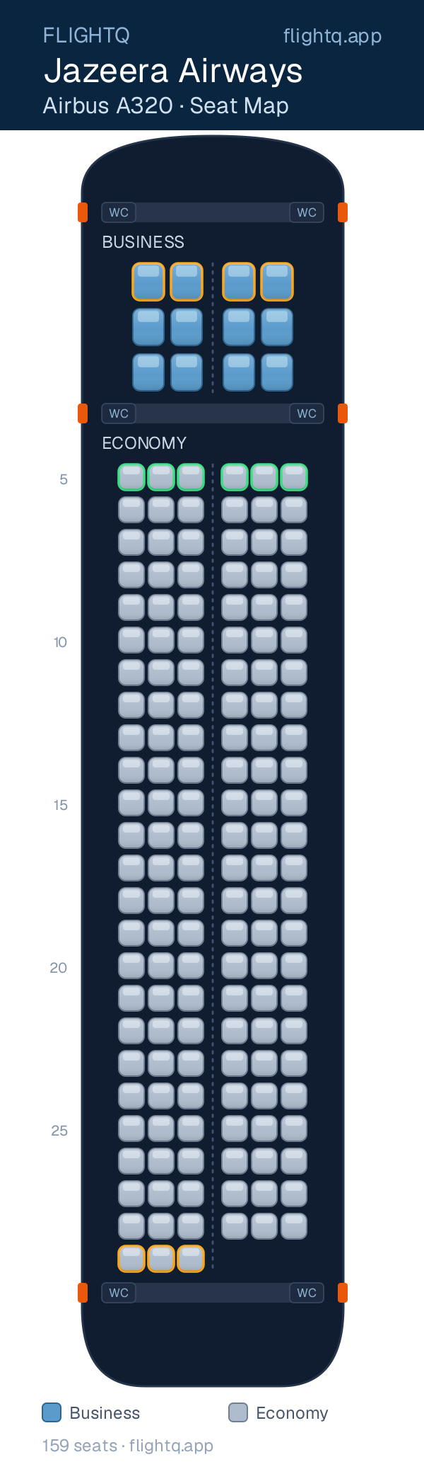 Jazeera Airways Airbus A320 seat map with 159 seats across 2 cabins — best seats and rows to avoid