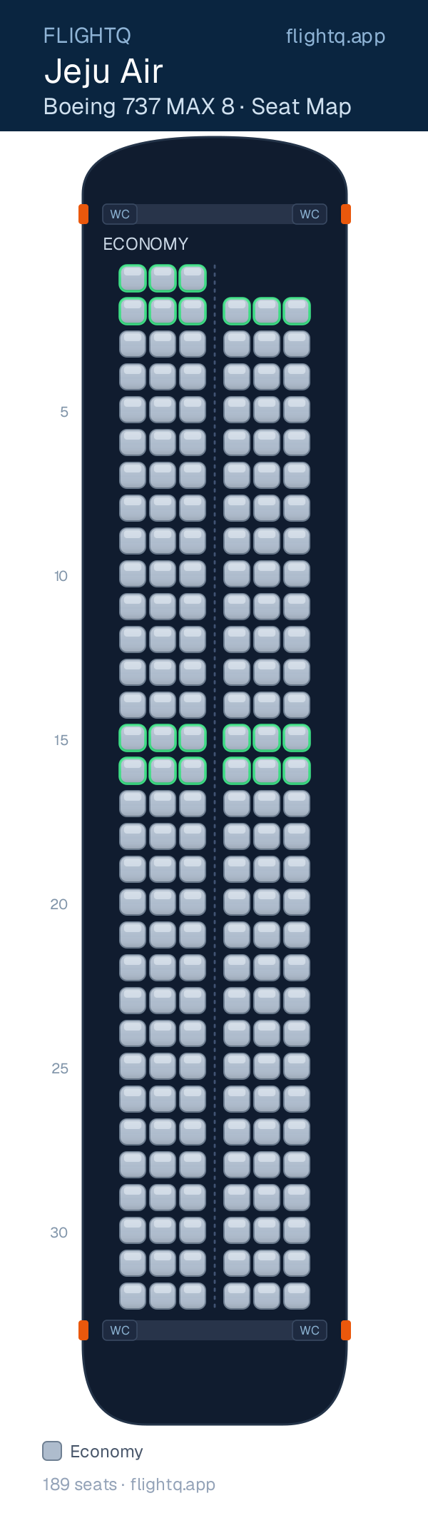 Jeju Air Boeing 737 MAX 8 seat map with 189 seats — best seats and rows to avoid
