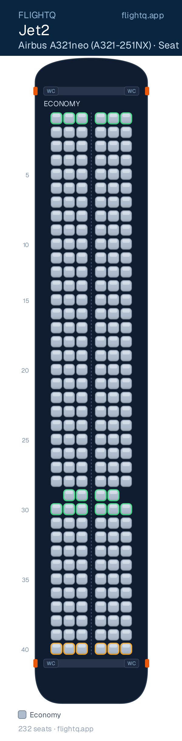 Jet2 Airbus A321neo seat map with 232 seats — best seats and rows to avoid