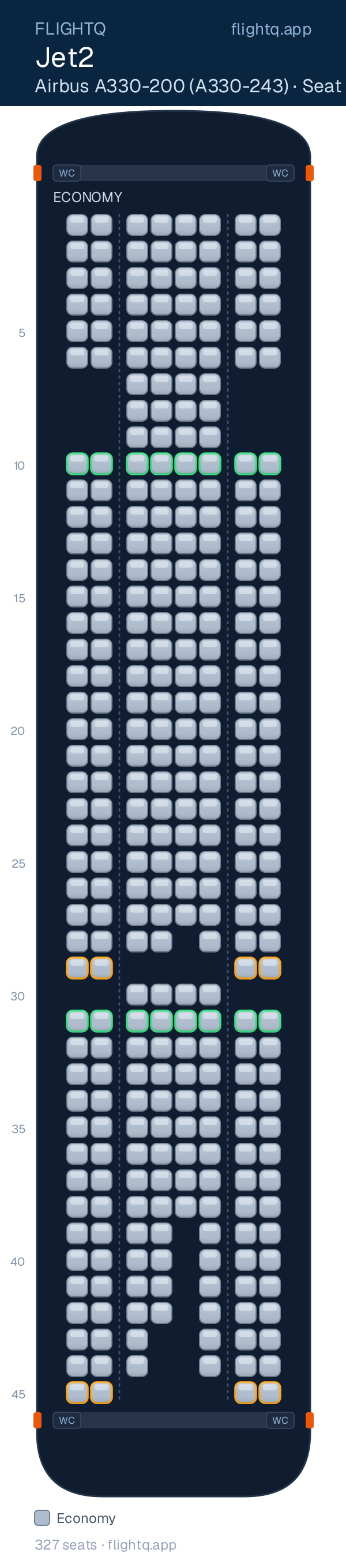 Jet2 Airbus A330-200 seat map with 327 seats — best seats and rows to avoid