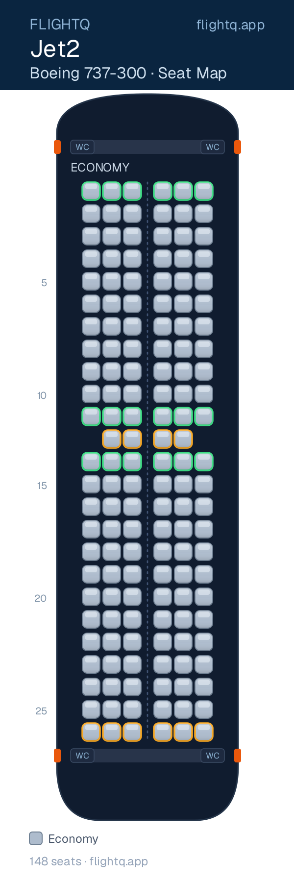 Jet2 Boeing 737-300 seat map with 148 seats — best seats and rows to avoid