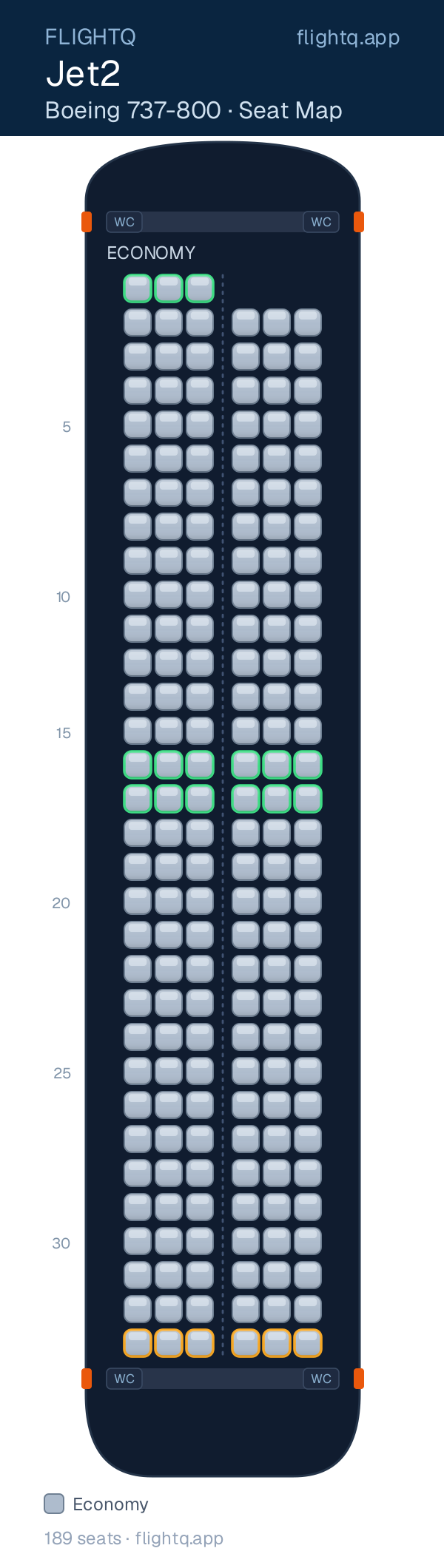 Jet2 Boeing 737-800 seat map with 189 seats — best seats and rows to avoid