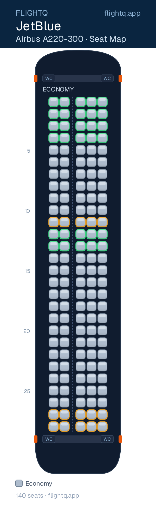 JetBlue Airbus A220-300 seat map with 140 seats — best seats and rows to avoid