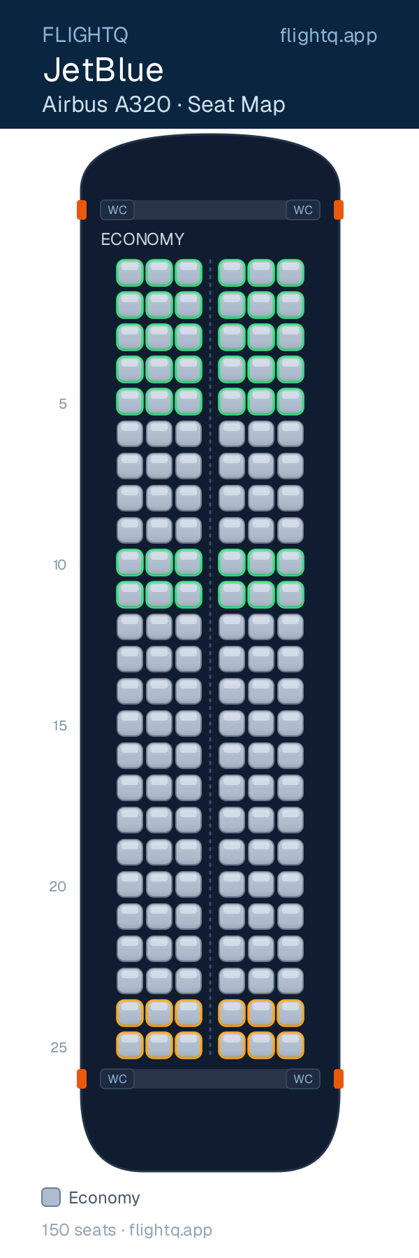 JetBlue Airbus A320 seat map with 150 seats — best seats and rows to avoid