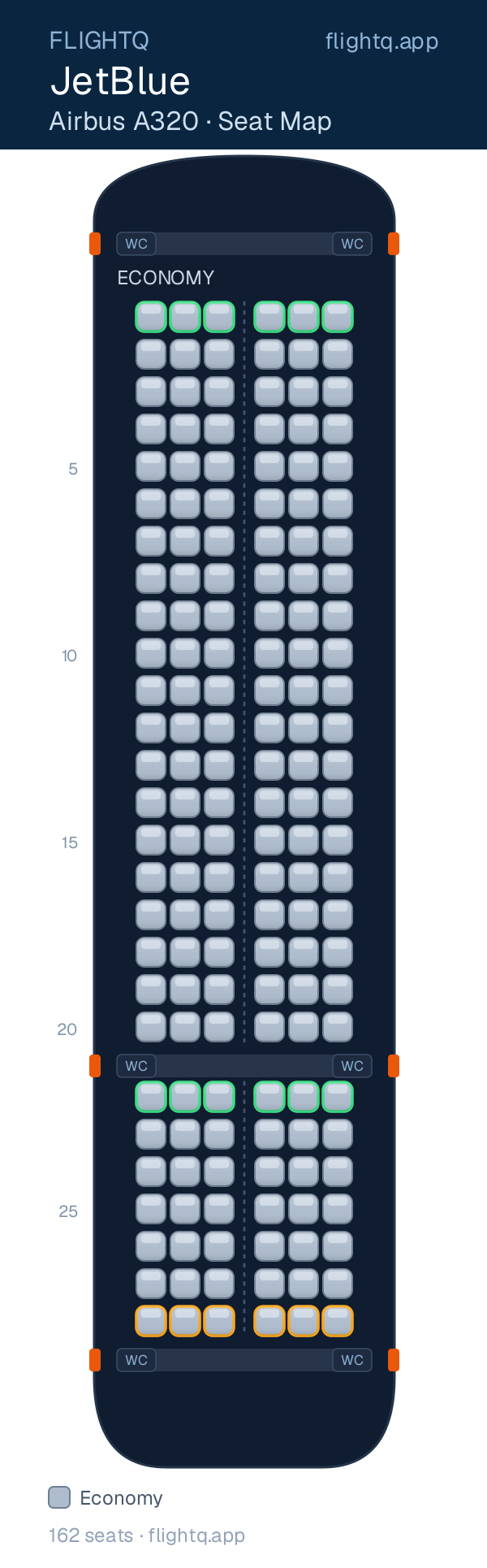 JetBlue Airbus A320 seat map with 162 seats — best seats and rows to avoid