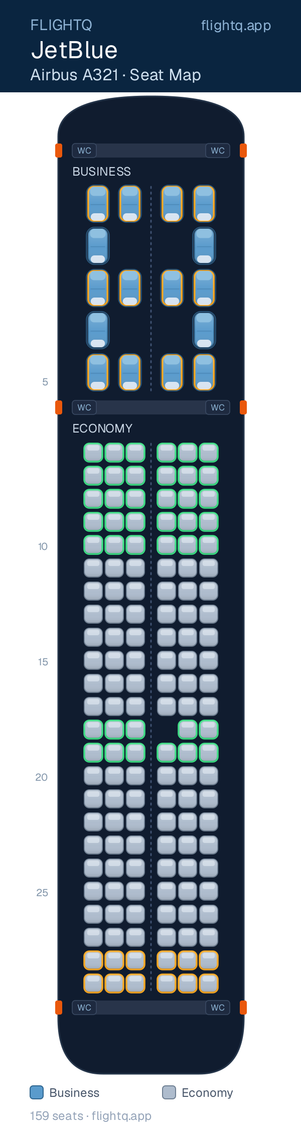 JetBlue Airbus A321 seat map with 159 seats across 2 cabins — best seats and rows to avoid