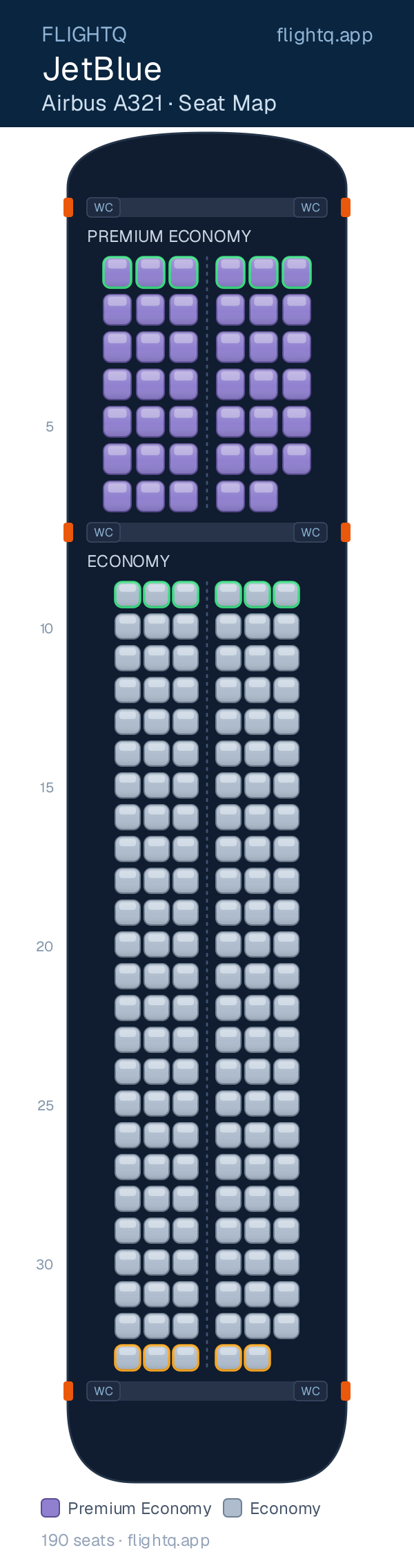 JetBlue Airbus A321 seat map with 190 seats across 2 cabins — best seats and rows to avoid