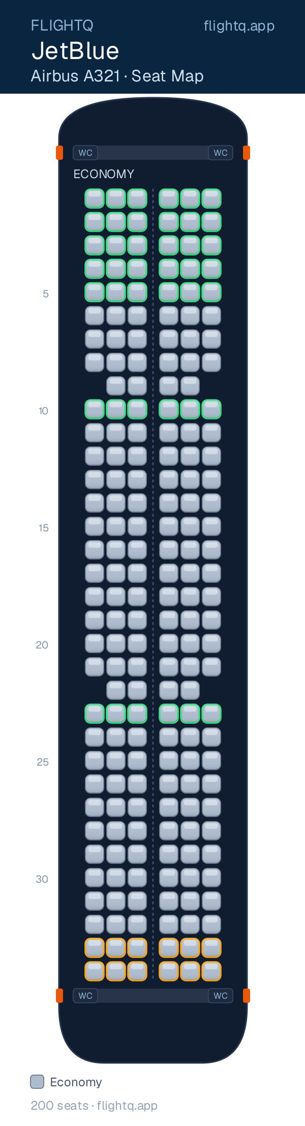 JetBlue Airbus A321 seat map with 200 seats — best seats and rows to avoid