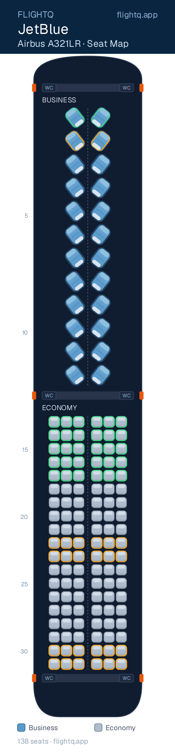 JetBlue Airbus A321neo seat map with 138 seats across 2 cabins — best seats and rows to avoid