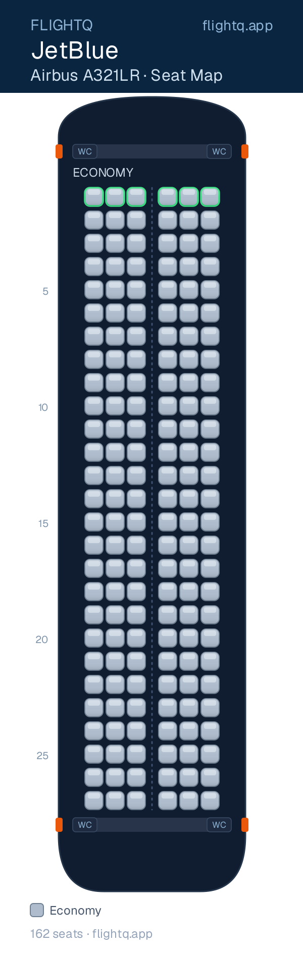 JetBlue Airbus A321LR seat map with 162 seats — best seats and rows to avoid