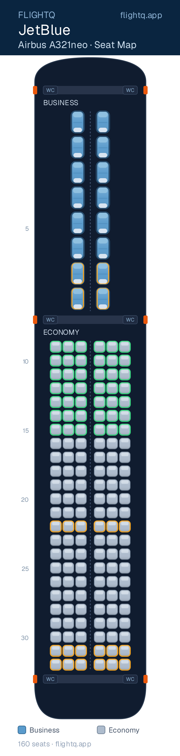 JetBlue Airbus A321neo seat map with 160 seats across 2 cabins — best seats and rows to avoid