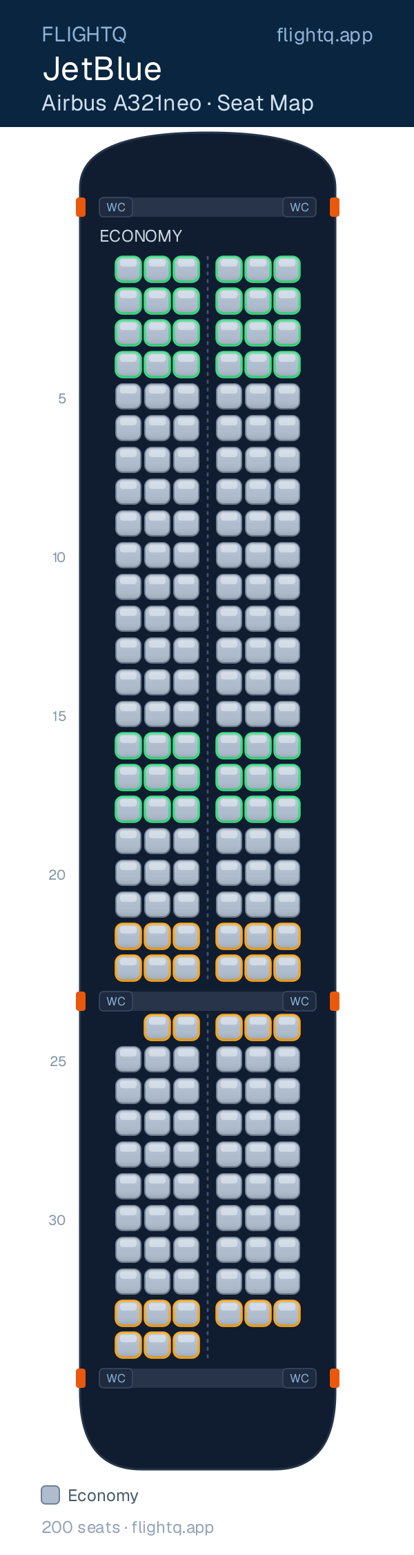 JetBlue Airbus A321neo seat map with 200 seats — best seats and rows to avoid