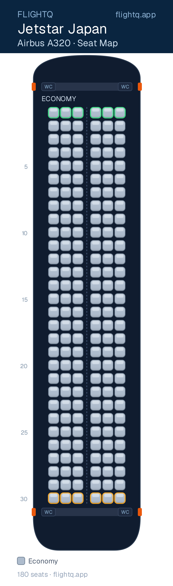 Jetstar Japan Airbus A320 seat map with 180 seats — best seats and rows to avoid