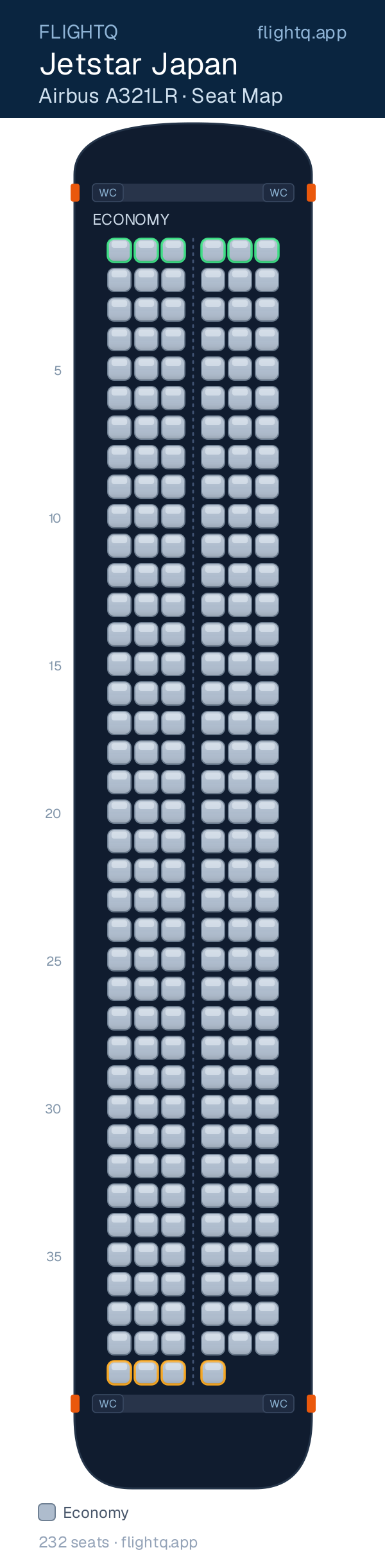 Jetstar Japan Airbus A321LR seat map with 232 seats — best seats and rows to avoid