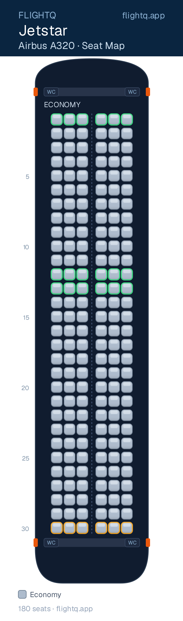 Jetstar Airbus A320 seat map with 180 seats — best seats and rows to avoid