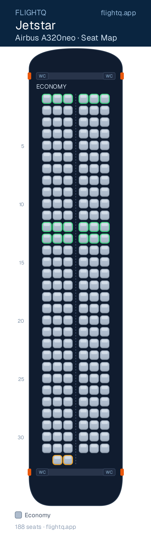 Jetstar Airbus A320neo seat map with 188 seats — best seats and rows to avoid
