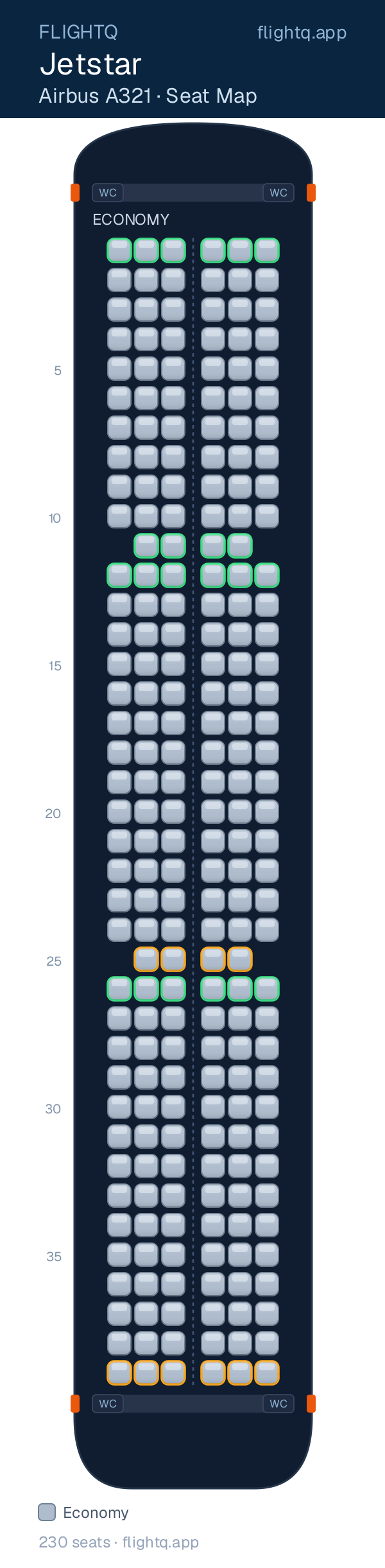 Jetstar Airbus A321 seat map with 230 seats — best seats and rows to avoid