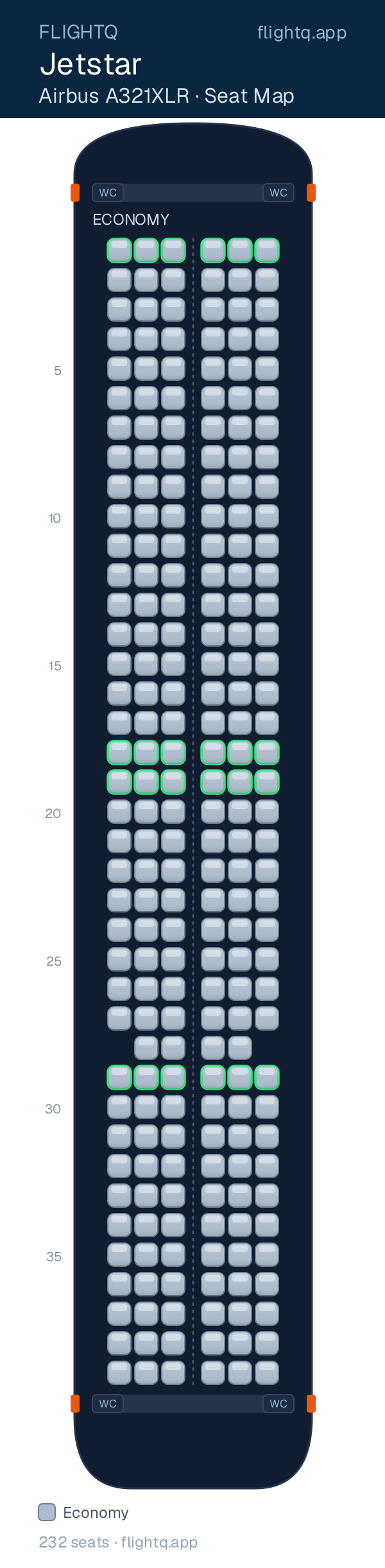 Jetstar Airbus A321XLR seat map with 232 seats — best seats and rows to avoid