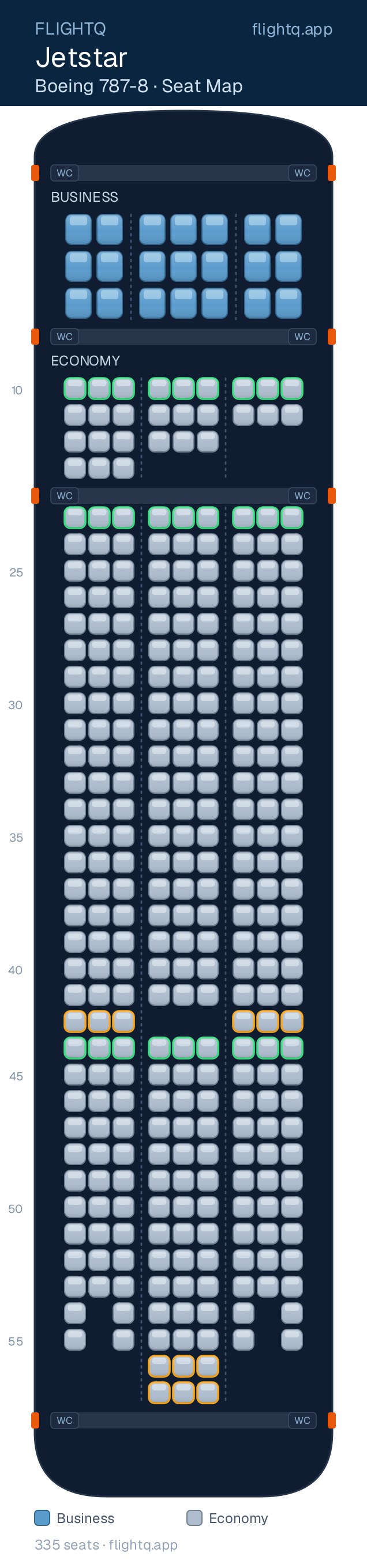 Jetstar Boeing 787-8 Dreamliner seat map with 335 seats across 2 cabins — best seats and rows to avoid