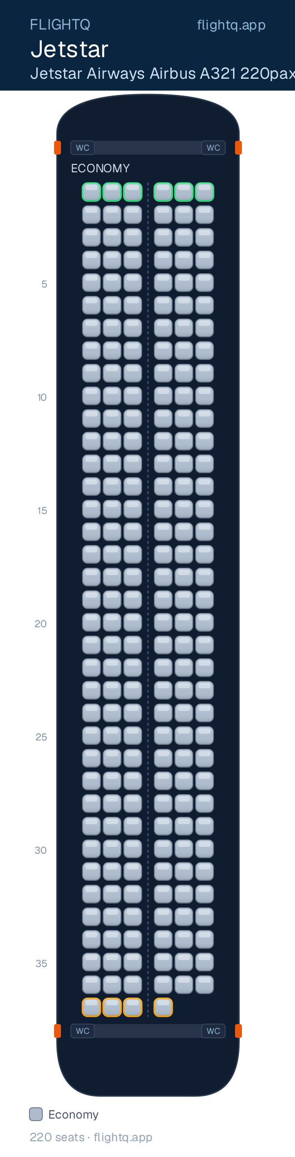 Jetstar Airbus A321 seat map with 220 seats — best seats and rows to avoid