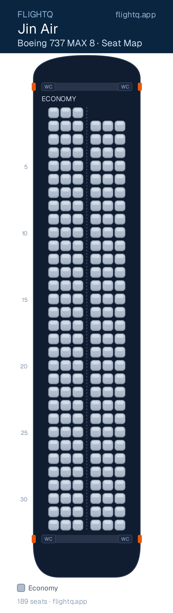 Jin Air Boeing 737 MAX 8 seat map with 189 seats — best seats and rows to avoid