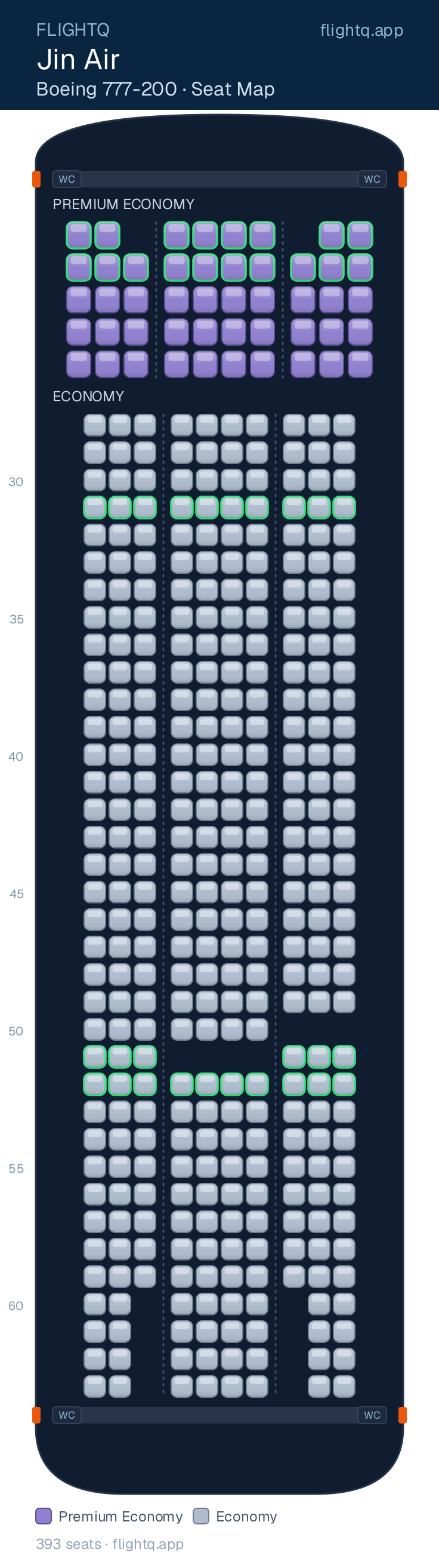 Jin Air Boeing 777-200 seat map with 393 seats across 2 cabins — best seats and rows to avoid