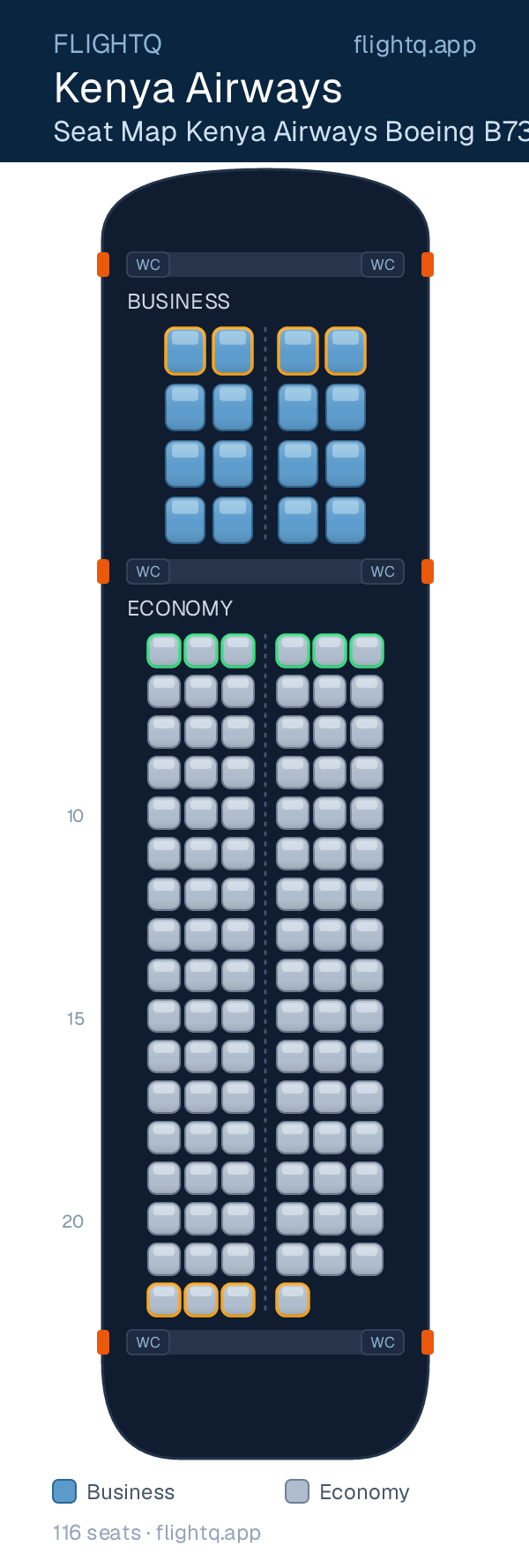 Kenya Airways Boeing B737 300 seat map with 116 seats across 2 cabins — rows to avoid