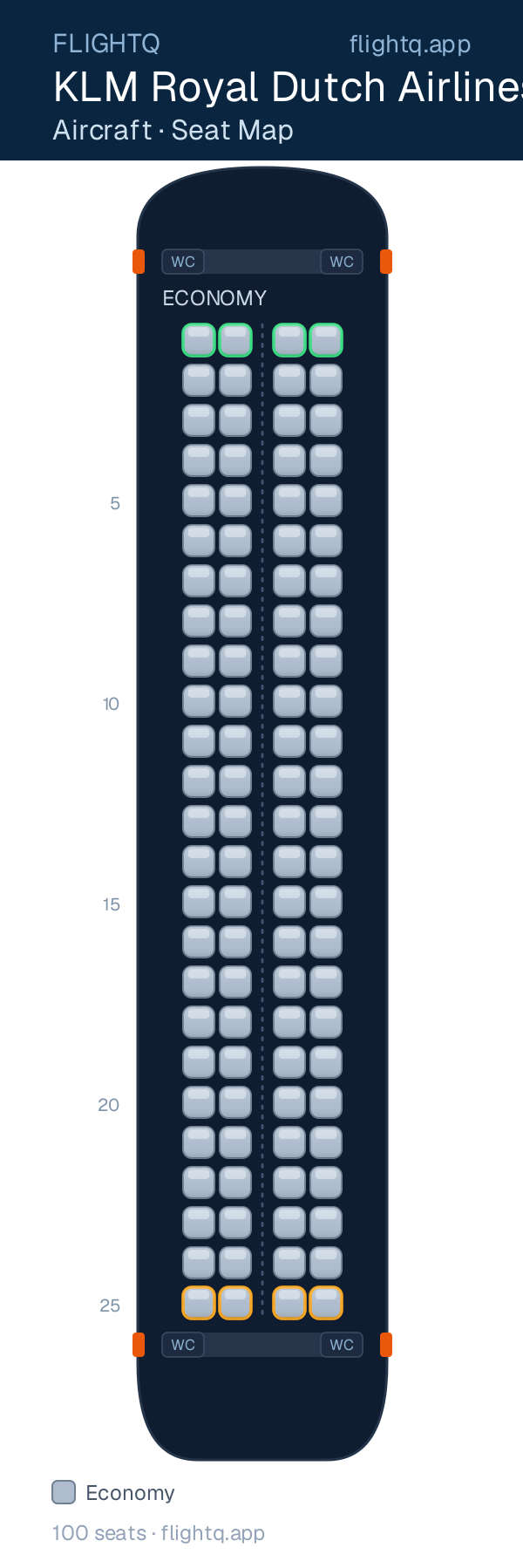 KLM Royal Dutch Airlines seat map with 100 seats — best seats and rows to avoid