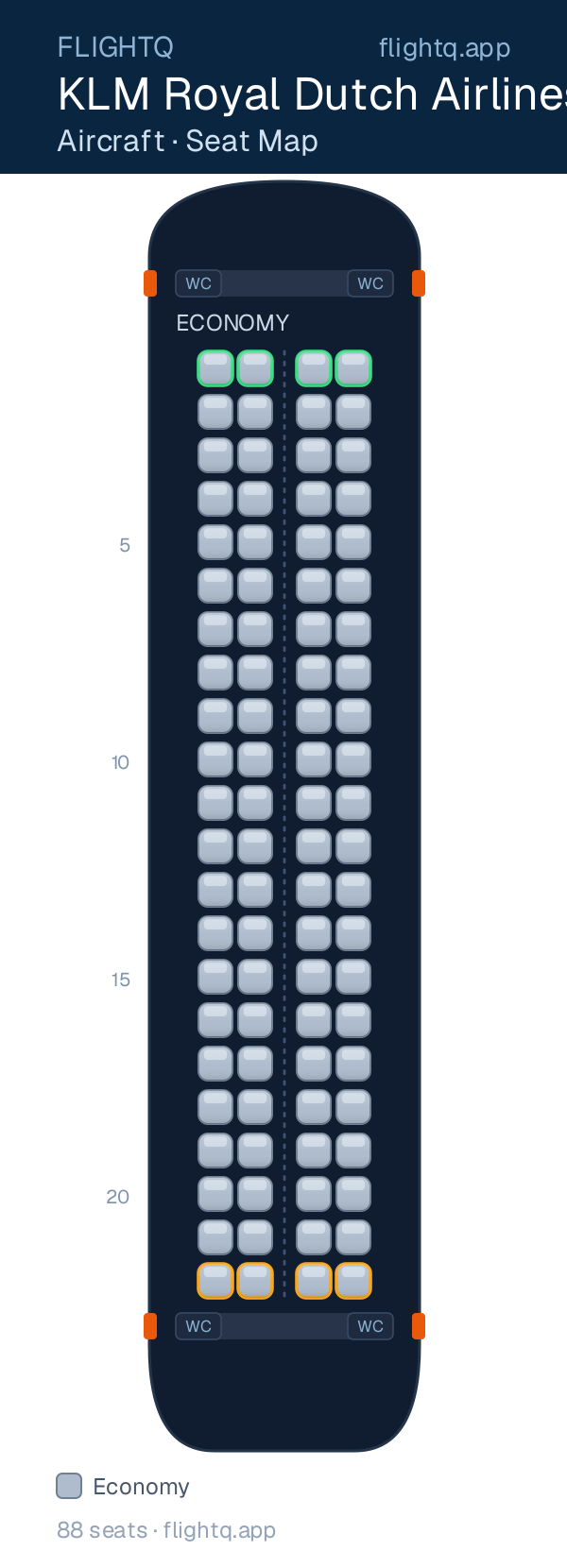 KLM Royal Dutch Airlines seat map with 88 seats — best seats and rows to avoid
