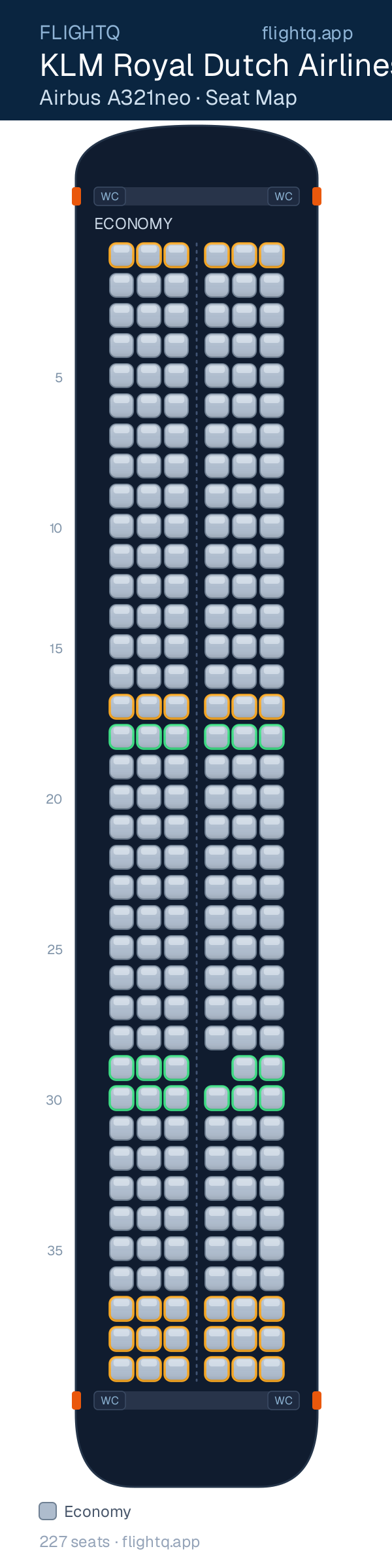 KLM Royal Dutch Airlines Airbus A321neo seat map with 227 seats — best seats and rows to avoid