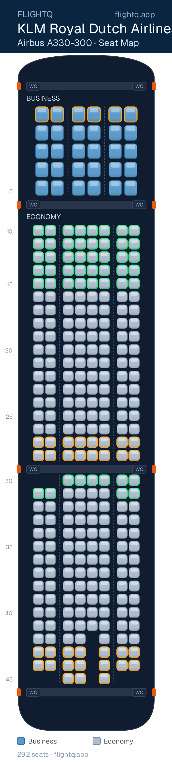 KLM Royal Dutch Airlines Airbus A330-300 seat map with 292 seats across 2 cabins — best seats and rows to avoid