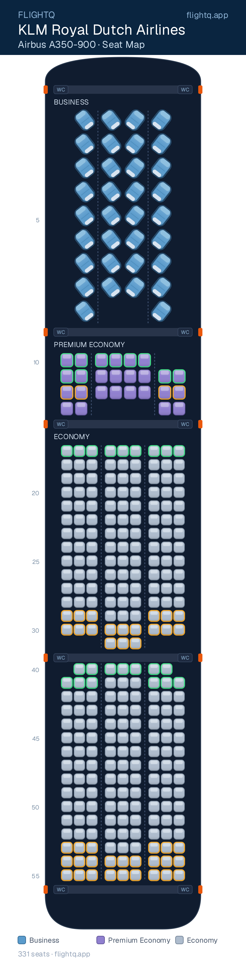 KLM Royal Dutch Airlines Airbus A350-900 seat map with 331 seats across 3 cabins — best seats and rows to avoid