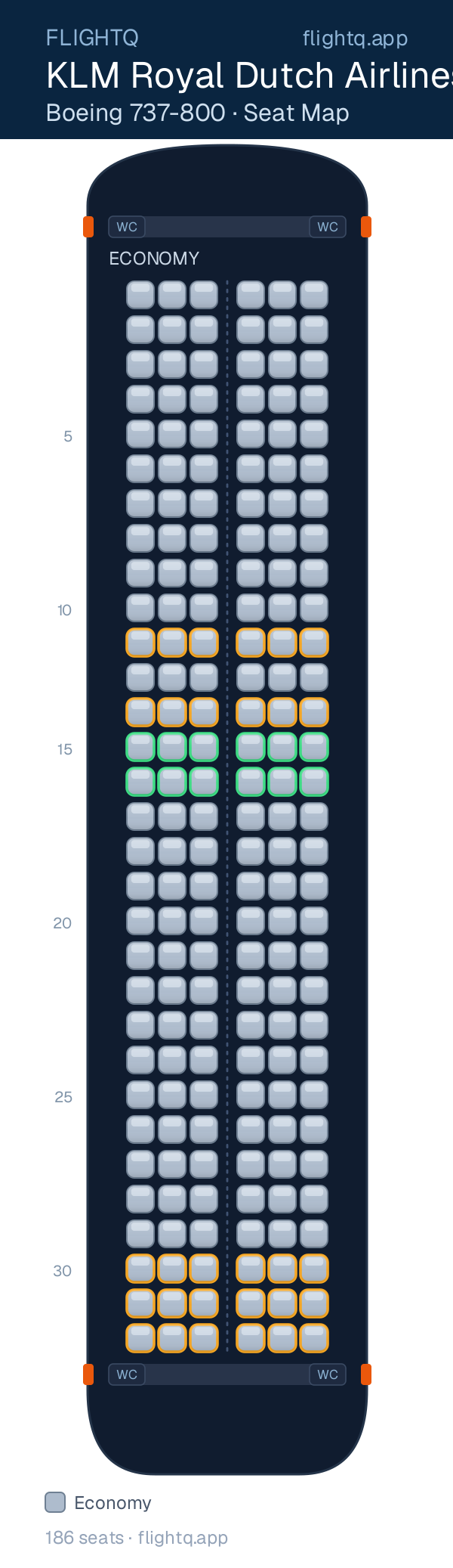 KLM Royal Dutch Airlines Boeing 737-800 seat map with 186 seats — best seats and rows to avoid