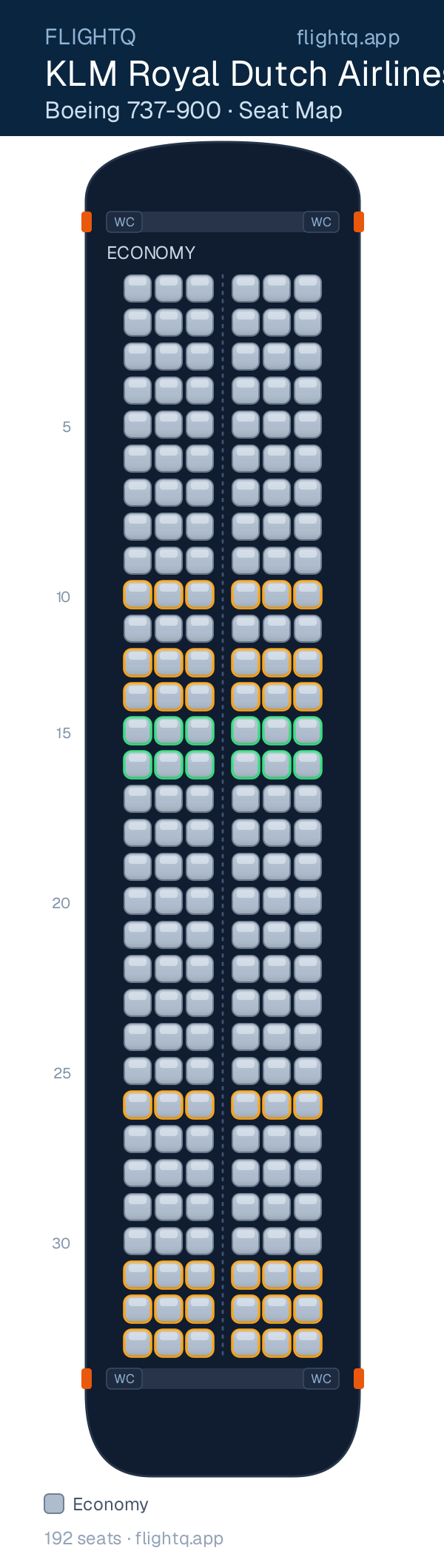 KLM Royal Dutch Airlines Boeing 737-900 seat map with 192 seats — best seats and rows to avoid