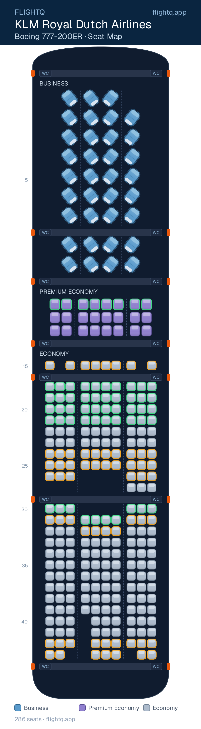 KLM Royal Dutch Airlines Boeing 777-200ER seat map with 286 seats across 3 cabins — best seats and rows to avoid