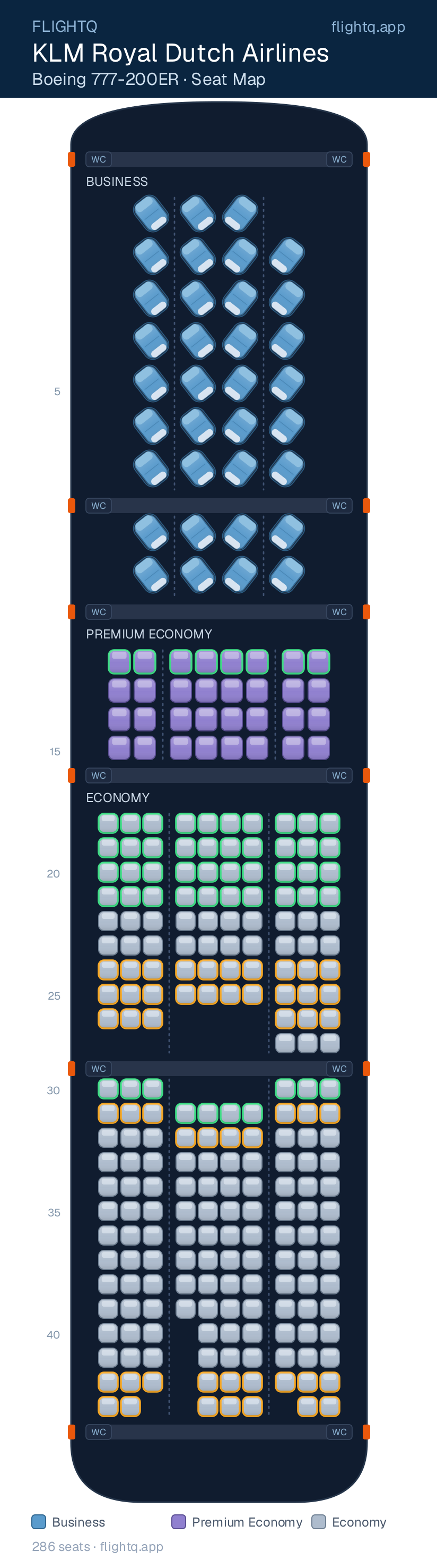 KLM Royal Dutch Airlines Boeing 777-200ER seat map with 286 seats across 3 cabins — best seats and rows to avoid