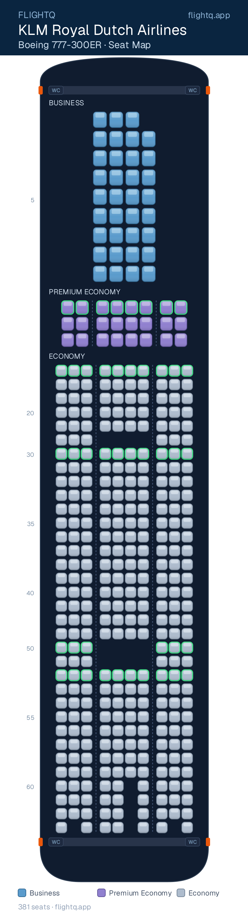 KLM Royal Dutch Airlines Boeing 777-300ER seat map with 381 seats across 3 cabins — best seats and rows to avoid