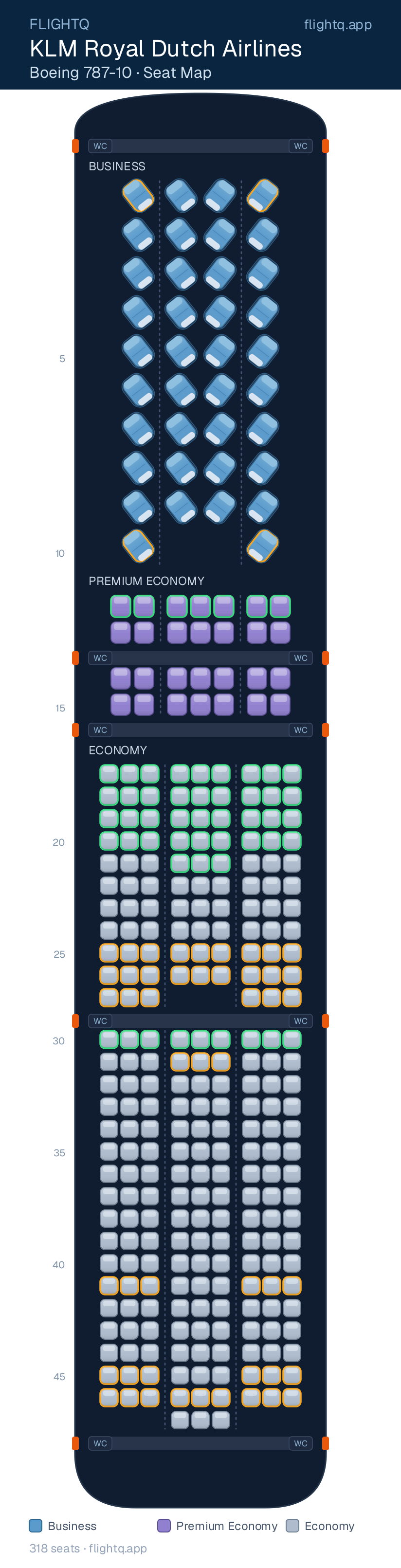 KLM Royal Dutch Airlines Boeing 787-10 Dreamliner seat map with 318 seats across 3 cabins — best seats and rows to avoid