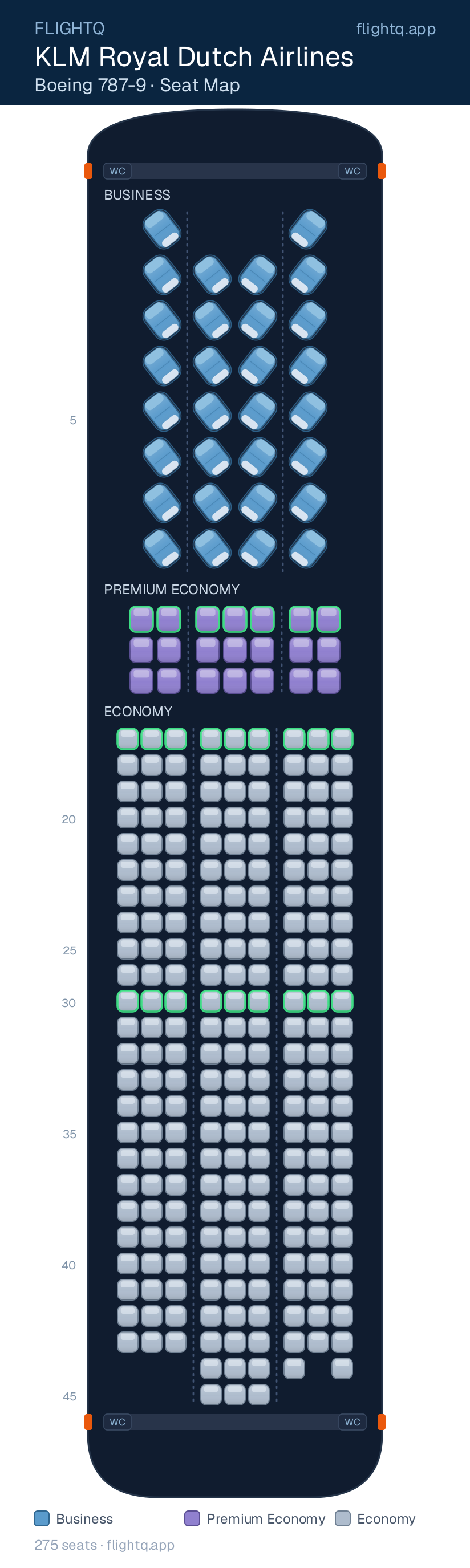 KLM Royal Dutch Airlines Boeing 787-9 Dreamliner seat map with 275 seats across 3 cabins — best seats and rows to avoid