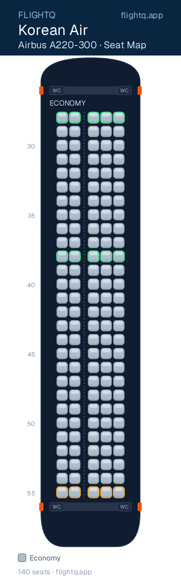 Korean Air Airbus A220-300 seat map with 140 seats — best seats and rows to avoid