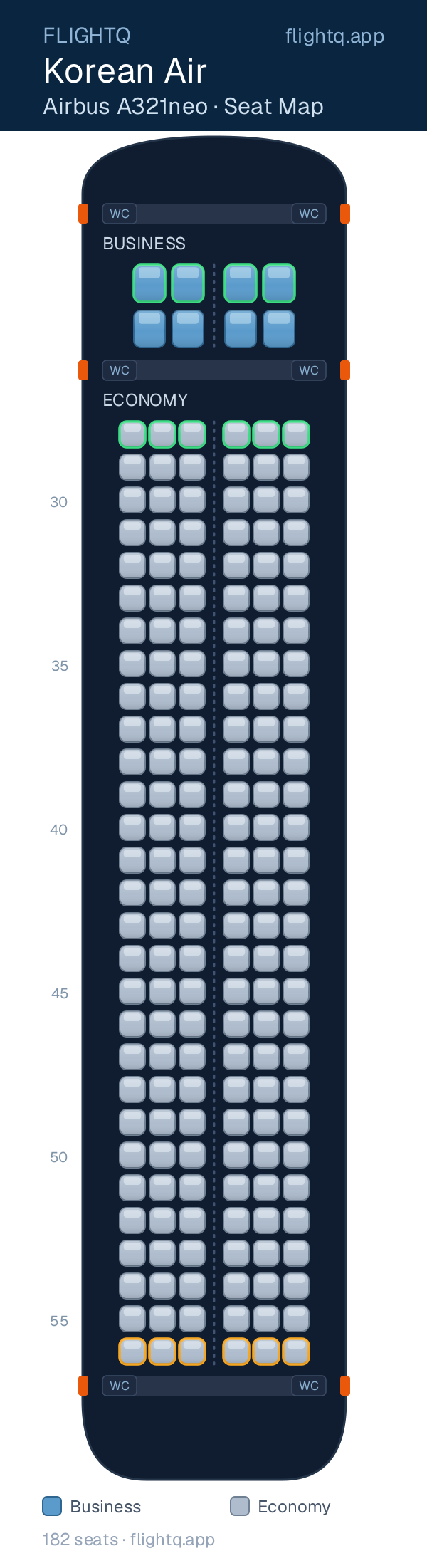 Korean Air Airbus A321neo seat map with 182 seats across 2 cabins — best seats and rows to avoid