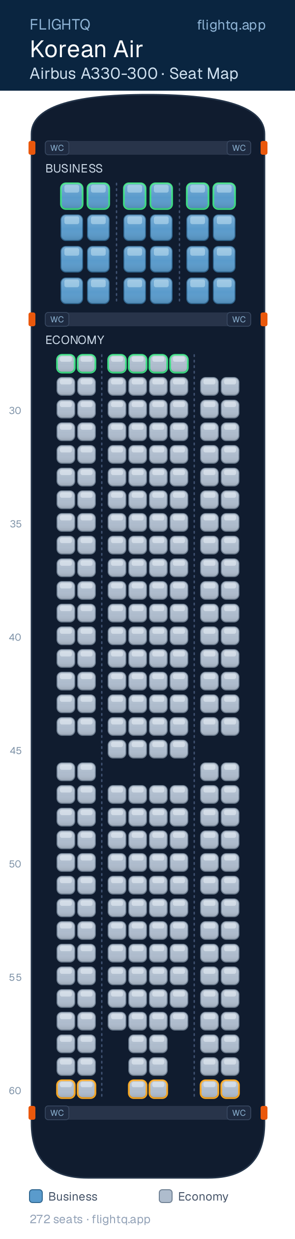 Korean Air Airbus A330-300 seat map with 272 seats across 2 cabins — best seats and rows to avoid