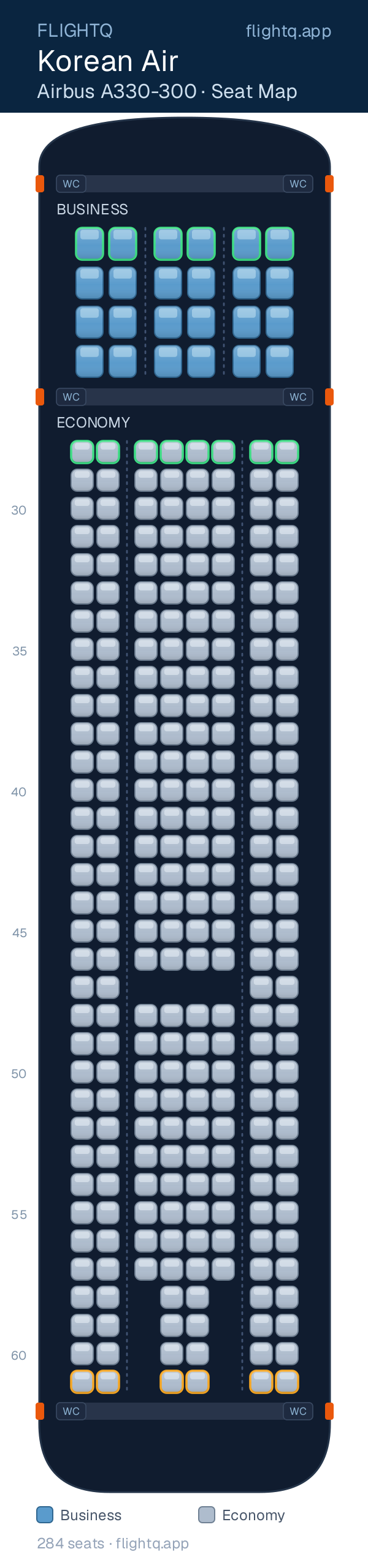 Korean Air Airbus A330-300 seat map with 284 seats across 2 cabins — best seats and rows to avoid