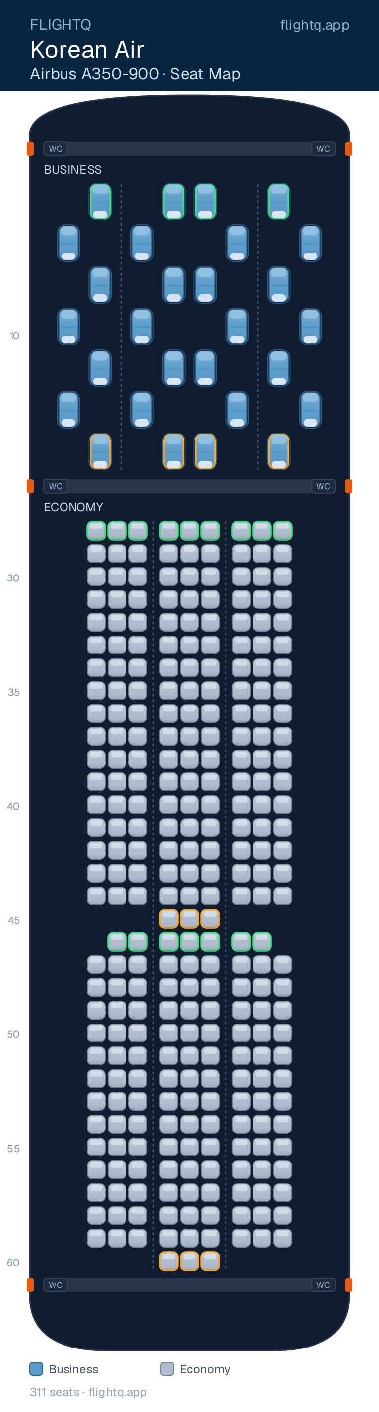 Korean Air Airbus A350-900 seat map with 311 seats across 2 cabins — best seats and rows to avoid