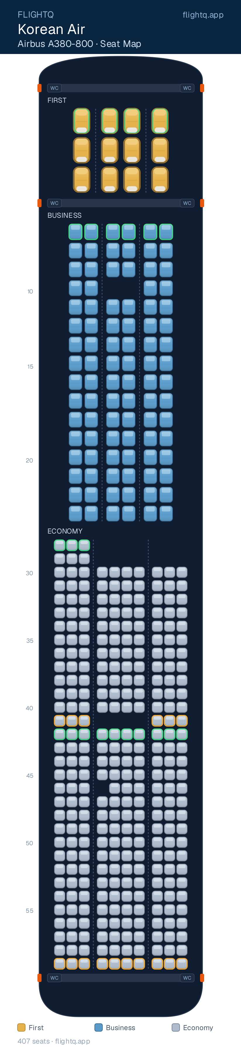 Korean Air Airbus A380-800 seat map with 407 seats across 3 cabins — best seats and rows to avoid