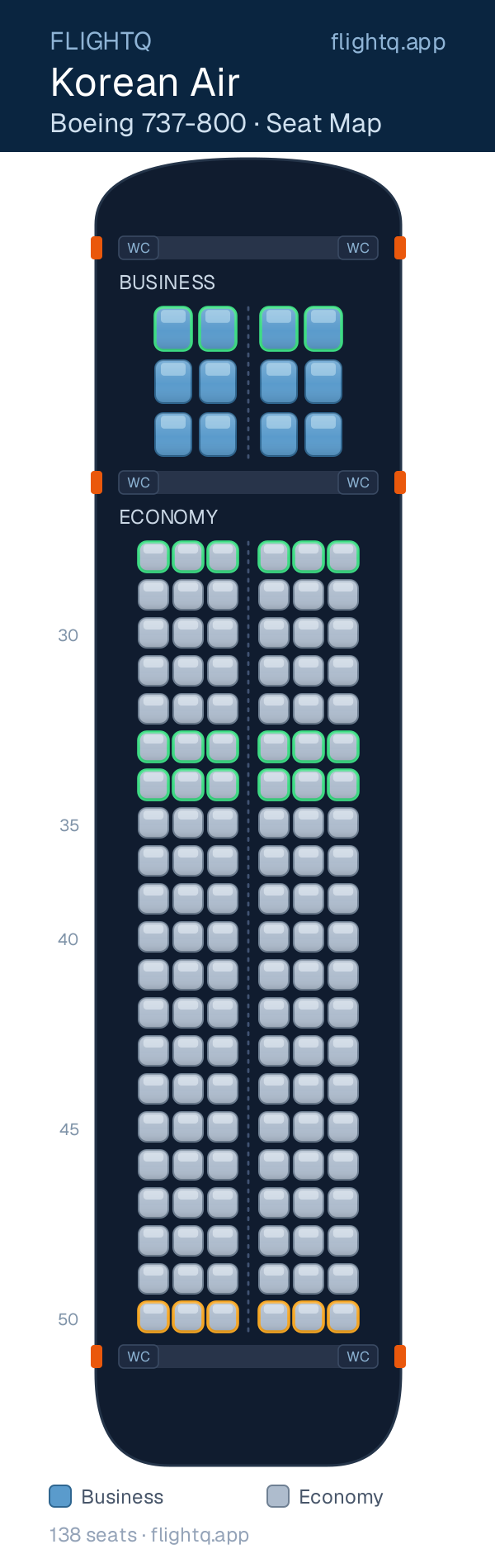 Korean Air Boeing 737-800 seat map with 138 seats across 2 cabins — best seats and rows to avoid